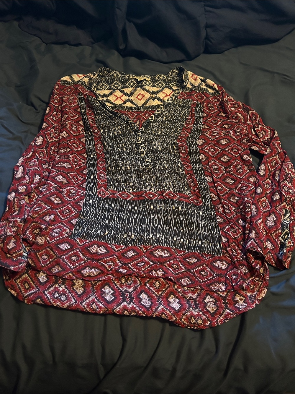 Lucky Brand Red and Black Geometric Henley Tunic